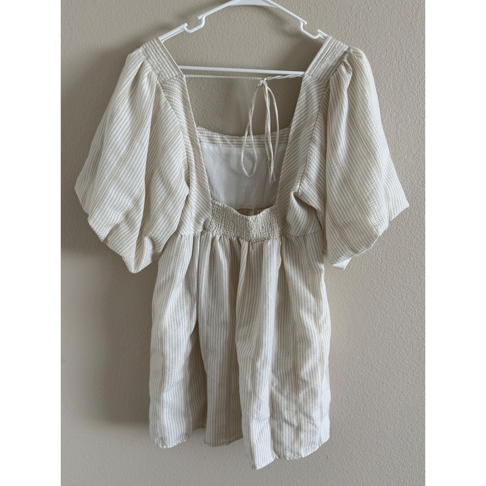 Free People Striped Babydoll Mini Dress Tan Cream Puff Sleeve Smocked Back M - Picture 4 of 8